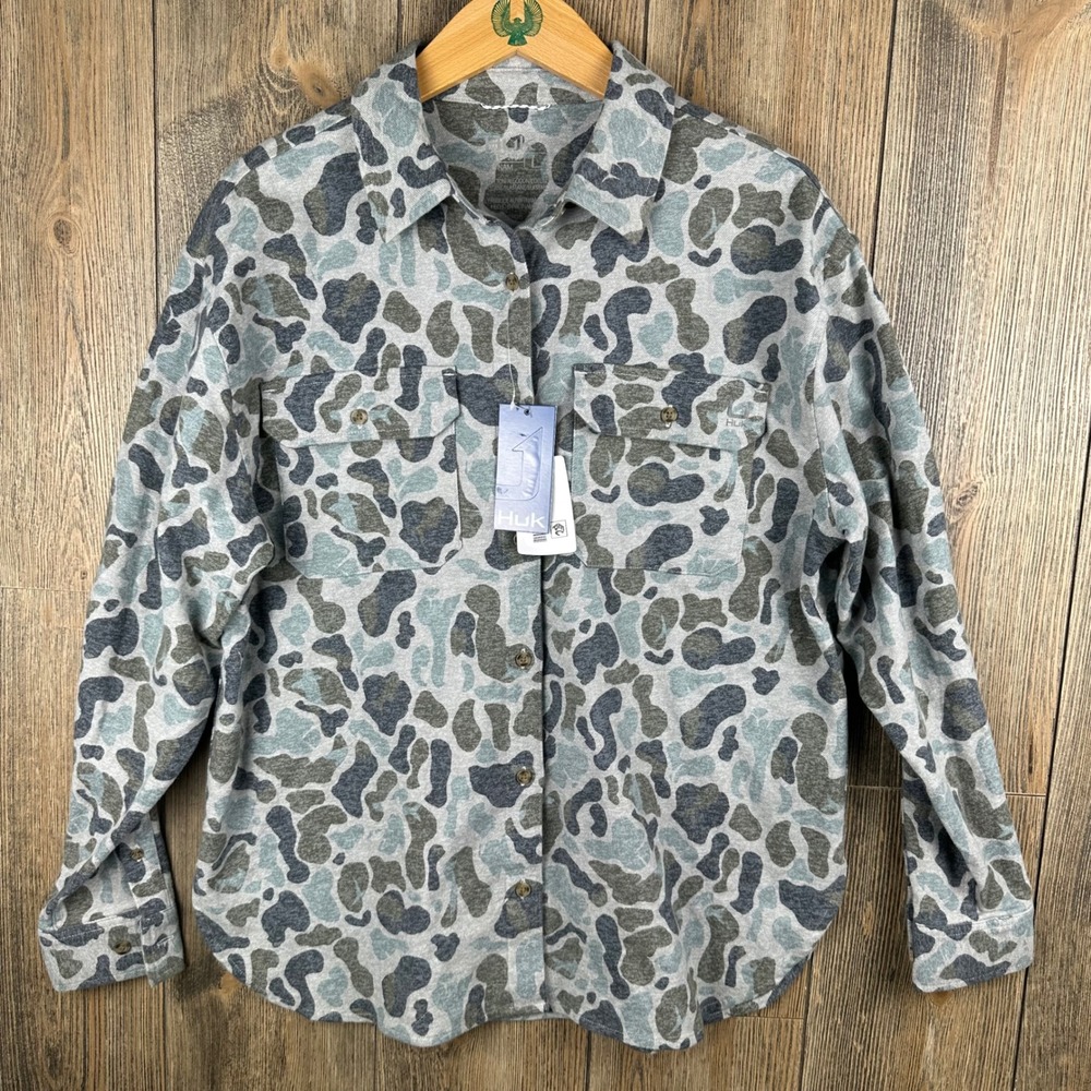 Huk Chesapeake KC Printed Flannel Shirt Womens Large Grey Blue Camo H6150018 NEW